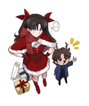 Rule 34 | ..., 1boy, 1girl, antlers, black hair, blue eyes, blush, brown eyes, brown hair, capelet, chibi, commentary, dress, durumi (4ofo1nf43kuvxkl), fake nose, fate/stay night, fate (series), full body, fur-trimmed capelet, fur trim, gift, gloves, hair ribbon, hands on own hips, highres, horns, kotomine kirei, long hair, looking at viewer, open mouth, red nose, red scarf, reindeer antlers, ribbon, santa costume, santa dress, scarf, simple background, smile, spoken ellipsis, sweatdrop, symbol-only commentary, tohsaka rin, two side up, white background