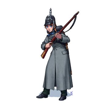 1girl absurdres antique_firearm artist_logo backpack bag bayonet bedroll belt black_boots blush boots brown_bag brown_hair buttons coat collared_coat combat_helmet commentary finnish_clothes firearm firelock flintlock full_body green_jacket green_pants grey_coat gun gun_sling helmet highres holding holding_gun holding_weapon jacket knife_sheath lace-up_boots logo long_sleeves military military_uniform musket original ostwindprojekt pants pickelhaube pocket ponytail purple_eyes russian_empire scabbard shadow sheath sheathed shirt shoulder_boards simple_background solo standing striped_clothes striped_pants teeth vertical-striped_clothes vertical-striped_pants weapon white_background white_shirt