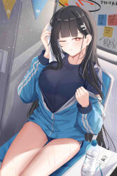 Rule 34 | 1girl, absurdres, aris (blue archive), black hair, black shirt, blue archive, blue buruma, blue jacket, blush, bottle, breasts, bright pupils, buruma, hair ornament, hairpin, halo, highres, id card, jacket, large breasts, leonardo 566, long hair, long sleeves, looking at viewer, one eye closed, open mouth, red eyes, rio (blue archive), shirt, sitting, solo, sweat, track jacket, water bottle, white pupils