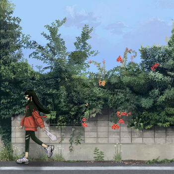 1girl absurdres bag black_hair black_leggings blue_sky cloud commentary_request day flower from_side gatai_(gatatanobaba) grass highres holding holding_bag hood hood_down hooded_jacket jacket leggings long_hair long_sleeves multicolored_jacket nijisanji open_mouth outdoors plastic_bag profile red_flower red_jacket road shoes sky smile sneakers solo street tree tsukino_mito tsukino_mito_(sporty) two-tone_jacket virtual_youtuber walking wide_shot