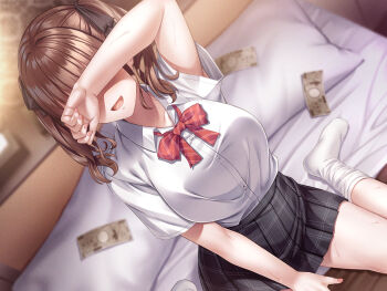 1girl :d banknote bed bed_sheet between_legs black_skirt blurry blurry_background blush breasts brown_hair collared_shirt covering_own_eyes dutch_angle hair_ribbon hand_between_legs highres indoors large_breasts long_hair money on_bed open_mouth original pillow pleated_skirt ribbon school_uniform shirt short_sleeves sitting skirt smile socks solo super_nagoyaka twintails wariza white_shirt white_socks