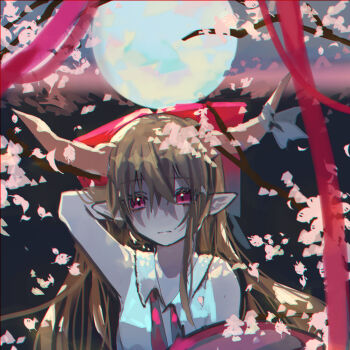 1girl absurdres bare_shoulders bow cherry_blossoms commentary_request cup full_moon hair_between_eyes hand_in_own_hair highres holding holding_cup ibuki_suika moon pink_petals pointy_ears red_bow red_eyes sad sakazuki shi_chimi shirt sleeveless sleeveless_shirt solo touhou white_shirt