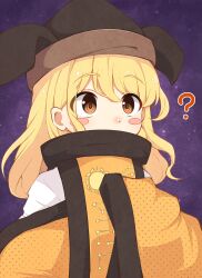 Rule 34 | 1girl, ?, absurdres, aged down, black hat, blonde hair, brown eyes, brown hat, commentary request, covered mouth, galaxy, hat, highres, iyo mamoru, long hair, long sleeves, matara okina, orange sleeves, orange tabard, outdoors, pointy hat, shirt, solo, tabard, touhou, undershirt, white shirt, wide sleeves