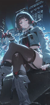 1girl animal_ear_piercing animal_ears black_gloves black_hair black_shorts blue_eyes bodystocking boots breasts building commentary english_commentary feet_out_of_frame fingerless_gloves fur-trimmed_jacket fur_trim garter_straps gloves grey_boots grey_jacket hiera12 high-waist_shorts highres holding holding_knife holding_weapon jacket jane_doe_(zenless_zone_zero) knife long_hair long_tail looking_at_viewer medium_breasts mouse_ears mouse_girl mouse_tail multicolored_hair necktie night night_sky outdoors pantyhose parted_lips red_hair red_nails sharp_tail shorts single_garter_strap single_leg_pantyhose single_thighhigh sitting sky solo tail thighhighs torn_clothes torn_pantyhose torn_thighhighs two-tone_necktie weapon zenless_zone_zero