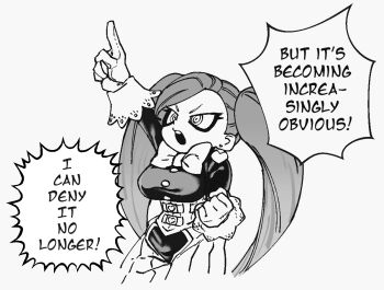 1girl aiba_manami boku_no_hero_academia bow breasts cowboy_shot earrings english_text gloves greyscale heart heart_earrings jewelry kooni la_brava large_breasts long_hair monochrome open_mouth plankton_(character) pointing pointing_up shouting simple_background solo speech_bubble spongebob_squarepants_(series) teeth twintails upper_teeth_only very_long_hair