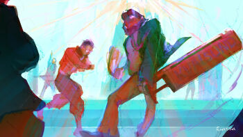 Rule 34 | 1girl, 4boys, acele berger, bag, blazer, bomber jacket, brown hair, character request, check character, dancing, disco elysium, emetitur, faceless, facial hair, full body, glasses, green jacket, harry du bois, highres, holding, holding bag, holding weapon, jacket, kim kitsuragi, male focus, multiple boys, mutton chops, necktie, noid (disco elysium), orange jacket, out of frame, painterly, pete andre, shirt, tools, weapon, white shirt