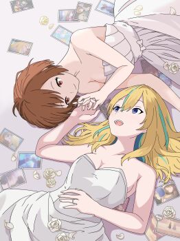 2girls absurdres blonde_hair blue_eyes breasts brown_eyes brown_hair cleavage closed_mouth commentary_request dan_yui dress female_focus flower hair_between_eyes highres interlocked_fingers jewelry kouzuki_mahiru long_hair lying medium_breasts multicolored_hair multiple_girls on_back open_mouth photo_(object) ring rose screenshot_inset short_hair strapless strapless_dress streaked_hair teeth upper_teeth_only wedding_dress wedding_ring white_dress white_flower white_rose wife_and_wife yamanouchi_kano yoru_no_kurage_wa_oyogenai yuri