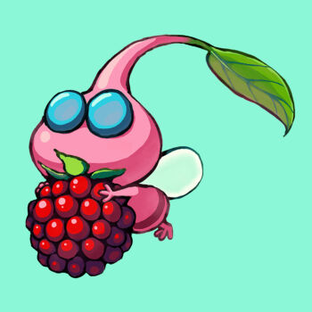 aqua_background blue_eyes colored_skin creature creature_focus food fruit holding holding_food holding_fruit insect_wings itatata_miruku leaf looking_ahead nintendo no_humans no_mouth oversized_food oversized_object pikmin_(series) pink_skin raspberry simple_background solid_circle_eyes solo third-party_source transparent_wings winged_pikmin wings