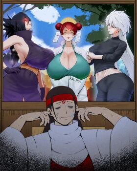 1boy 3girls ^_^ anger_vein angry armpit_crease artist_name bags_under_eyes black_hair black_shirt blue_lips breasts brother_and_sister brown_hair chinese_hairpin cleavage closed_eyes cloud cloudy_sky colored_eyelashes commentary completely_unamused covered_navel covering_own_ears cracking_knuckles day double_bun english_commentary facial_mark facing_viewer forehead_mark genderswap genderswap_(mtf) gloves grey_hair hair_bun hair_ornament half-closed_eyes hand_on_own_hip head_tilt hetero highres huge_breasts husband_and_wife implied_incest japanese_clothes large_breasts lipstick_mark long_hair long_sleeves looking_at_another multiple_girls naruto_(series) naruto_shippuuden navel purple_gloves red_eyes red_hair red_lips rienia senju_hashirama senju_tobirama shirt siblings sky spiked_hair steaming_body sweat tree uchiha_madara unamused uzumaki_mito wide_sleeves