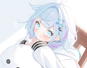 Rule 34 | 1girl, ahoge, backlighting, blue eyes, blue hair, blunt bangs, braid, chair, choker, closed eyes, commentary request, ear piercing, fang, hair flaps, hair intakes, hair ornament, hairclip, highres, hololive, hololive dev is, hood, hood down, hooded jacket, jacket, light blush, long sleeves, looking at viewer, low twin braids, medium hair, mizumiya su, mizumiya su (1st costume), multicolored hair, o-ring, o-ring choker, parallel hairclips, piercing, pink streaks, sitting, skin fang, smile, solo, streaked hair, toui penko, twin braids, two-tone hair, upper body, virtual youtuber, white background, white jacket, x hair ornament