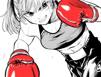 Rule 34 | 1girl, boxing, boxing gloves, boxing shorts, breasts, commentary request, crosshatching, flying sweatdrops, greyscale, hatching (texture), highres, lee (dragon garou), midriff, monochrome, mouth guard, original, punching, serious, shorts, small breasts, solo, sports bra, spot color, sweat, toned, toned female, twintails, very sweaty