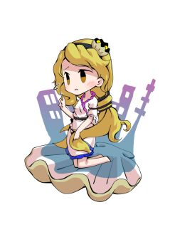 1girl barefoot blonde_hair blush breasts chibi chibi_only clam commentary_request dairi dress frilled_dress frilled_sleeves frills full_body hand_up kneeling large_variant_set long_hair short_sleeves side_slit simple_background solo tachi-e touhou transparent_background variant_set very_long_hair watari_nina white_dress yellow_eyes