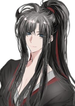 1boy absurdres ahoge androgynous bishounen black_hair black_hanfu blue_eyes blurry blurry_foreground chinese_clothes closed_mouth depth_of_field hair_ribbon hanfu high_ponytail highres long_hair looking_at_viewer male_focus modao_zushi naruse_(kmk648) pectoral_cleavage pectorals ponytail red_ribbon ribbon robe sidelocks simple_background smile solo upper_body very_long_hair wei_wuxian white_background