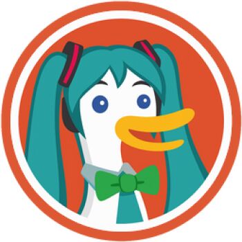 1boy aqua_hair aqua_necktie beak blue_eyes bow bowtie cosplay dax_the_duck detached_collar duck_boy duckduckgo green_bow green_bowtie hatsune_miku hatsune_miku_(cosplay) headset looking_at_viewer lowres necktie official_art portrait red_background twintails vocaloid wing_collar