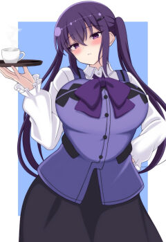 1girl alternate_breast_size_(larger) black_skirt blue_background blush border bow bowtie breasts closed_mouth commentary cowboy_shot cup gochuumon_wa_usagi_desu_ka? hair_between_eyes hair_ornament hairclip highres holding holding_tray large_breasts long_hair long_sleeves looking_at_viewer namako_muri outside_border purple_bow purple_bowtie purple_eyes purple_hair purple_vest shirt skirt solo steaming_cup teacup tedeza_rize tray twintails vest white_border white_shirt