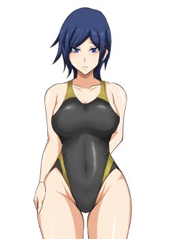 1girl black_one-piece_swimsuit blue_eyes blue_hair blush breasts colored_skin commentary_request competition_swimsuit devil_survivor_(series) devil_survivor_2 highres kurokobokujo one-piece_swimsuit sako_makoto swimsuit unfinished white_skin