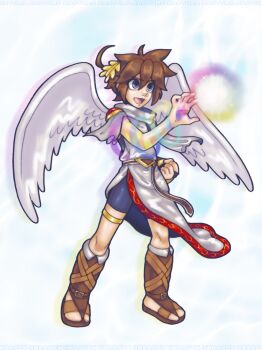 1boy ahoge angel_wings artist_name bike_shorts blue_eyes brown_hair clenched_hand full_body highres kid_icarus kid_icarus_uprising laurel_crown male_focus nintendo open_mouth pit_(kid_icarus) santurn standing violet_palm_(kid_icarus) wings