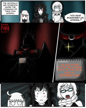 Rule 34 | 10s, absurdly long hair, abyssal admiral (kancolle), abyssal ship, admiral (kancolle), admiral paru, braid, comic, english text, glasses, headphones, isolated island princess, kantai collection, long hair, multiple girls, northern ocean princess, supply depot princess, very long hair, white hair