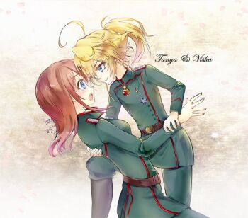 2girls ahoge baggy_pants belt black_boots blonde_hair blue_eyes blush boots breasts brown_belt brown_hair character_name commentary_request cross dated english_text fingernails gem green_jacket green_pants hair_between_eyes hand_around_waist high_ponytail holding_another&#039;s_wrist huge_ahoge iron_cross jacket jewelry long_hair long_sleeves looking_at_another medal medium_breasts military military_jacket military_uniform multiple_girls on_one_knee open_mouth pants pendant ponytail red_gemstone sidelocks sitting smile tanya_degurechaff teeth twitter_username viktoriya_ivanovna_serebryakov wide-eyed youda_(seravichacha) youjo_senki yuri