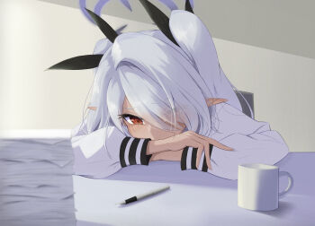 1girl absurdres black_ribbon blue_archive blurry blush commentary covered_mouth crossed_arms cup dark-skinned_female dark_skin depth_of_field desk eyelashes furrowed_brow grey_hair hair_ribbon halo highres indoors iori_(blue_archive) kimagurain long_hair long_sleeves mug paper_stack pen pointy_ears puffy_long_sleeves puffy_sleeves purple_halo red_eyes ribbon sad school_uniform shirt sidelighting single_hair_intake sitting solo twintails upper_body white_shirt