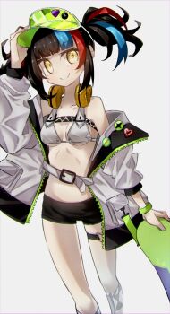 1girl badge bare_shoulders bikini black_hair black_shorts blue_hair blush breasts button_badge cleavage commentary_request fate/grand_order fate_(series) green_hat hat headphones headphones_around_neck highres jacket long_hair long_sleeves looking_at_viewer medium_breasts multicolored_hair navel off_shoulder open_clothes open_jacket red_hair sei_shounagon_(fate) sei_shounagon_(swimsuit_berserker)_(first_ascension)_(fate) short_shorts shorts sidelocks skateboard smile solo swimsuit thigh_strap thighs twintails visor_cap white_bikini white_jacket yellow_eyes yubeshi_(zecxl)