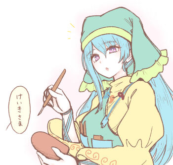 1girl apron arm_ribbon arm_strap blue_hair breasts chisel commentary_request dress frilled_hood frills green_apron green_headscarf green_hood green_scarf haniwa_(statue) haniyasushin_keiki headscarf holding hood jewelry long_hair magatama magatama_necklace medium_breasts necklace object_in_pocket pocket puffy_short_sleeves puffy_sleeves purple_eyes ribbon scarf shokabatsuki short_sleeves single_strap solo tools touhou translation_request turtleneck turtleneck_dress very_long_hair wood_carving_tool yellow_dress