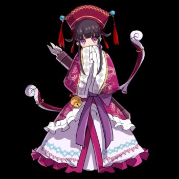 1girl arrow_(projectile) bell black_background black_hair blunt_bangs blush bow_(weapon) child covered_mouth covering_own_mouth dress frills full_body hands_up hat highres jingle_bell long_dress long_hair long_sleeves looking_at_viewer merc_storia merc_storia_art_team official_art purple_eyes red_hat sidelocks simple_background sleeves_past_fingers sleeves_past_wrists solo standing tachi-e weapon wide_sleeves xiaolin_(merc_storia)