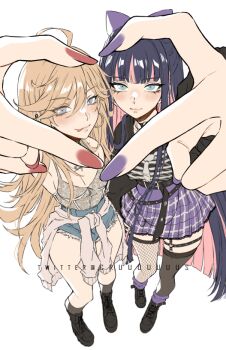 2girls black_shirt blonde_hair blue_eyes blunt_bangs boots bow breasts cleavage colored_inner_hair criis-chan dress earrings english_text four-finger_heart_hands hair_bow heart heart_hands hoop_earrings jewelry large_breasts legs long_hair looking_at_viewer multicolored_hair multiple_girls nail_polish panty_&amp;_stocking_with_garterbelt panty_(psg) pink_hair purple_hair purple_nails red_nails shirt shoelaces shoes shorts siblings sisters skirt smile stocking_(psg) striped_clothes striped_leggings striped_thighhighs thighhighs thighs twitter_username two-tone_hair