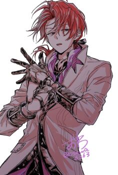 1boy adjusting_clothes adjusting_gloves black_gloves black_ribbon cale_henituse coat commentary_request dated gloves hair_ribbon highres jacket long_hair long_sleeves looking_at_viewer lout_of_count&#039;s_family low_ponytail male_focus open_mouth osewa6363 ponytail red_hair ribbon shirt signature simple_background solo teeth upper_body white_background white_coat