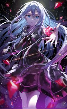 1girl 25-ji_nightcord_de._(project_sekai) blurry blurry_foreground dark_background floating_hair glowing grey_serafuku hair_spread_out heart highres holding kamiyama_high_school_uniform_(project_sekai) light_particles light_rays looking_at_viewer project_sekai school_uniform serafuku shards shirushi_06 solo_focus string yoisaki_kanade