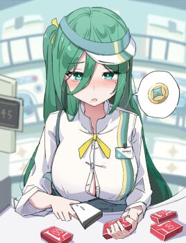 1girl blurry blurry_background blush breasts buying_condoms cash_register cleavage coin collared_shirt condom_box convenience_store gold_coin green_eyes green_hair hashtag-only_commentary highres large_breasts long_hair looking_at_viewer mole mole_under_eye mole_under_mouth name_tag neck_ribbon okamoto_condoms one_side_up panda060 partially_unbuttoned portia_(stella_sora) pov ribbon shirt shop solo speech_bubble spoken_symbol stella_sora upper_body very_long_hair visor_cap white_shirt yellow_ribbon