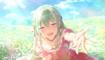Rule 34 | 1girl, blue sky, braid, breasts, brooch, choker, choukoku no protagonist (project sekai), cloud, colorful palette, crying, crying with eyes open, day, dot nose, double-parted bangs, dress, falling petals, field, flower, frilled choker, frilled dress, frilled sleeves, frills, furrowed brow, game cg, gem, green eyes, hair between eyes, hair ribbon, half up braid, happy tears, heart, heart brooch, highres, jewelry, kusanagi nene, long hair, looking at viewer, lower teeth only, official alternate costume, official alternate hairstyle, official art, open mouth, orange ribbon, outdoors, pastel colors, pearl (gemstone), pearl hair ornament, petals, pink choker, pink dress, portrait, project sekai, purple eyes, purple flower, reaching, reaching towards viewer, ribbon, short hair, sidelocks, sitting, sky, small breasts, solo, tears, teeth, third-party source, tongue, upper body, white choker, white dress, white flower, white petals