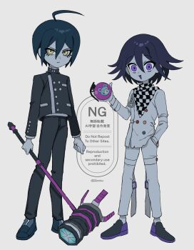 Rule 34 | 2boys, ahoge, black hair, buttons, checkered clothes, checkered scarf, closed mouth, commentary, crazy eyes, danganronpa (series), danganronpa v3: killing harmony, deformed, explosive, eyelashes, flipped hair, full body, grenade, hair between eyes, hammer, hand in pocket, height difference, highres, holding, holding grenade, holding hammer, long sleeves, looking at viewer, male focus, multiple boys, oma kokichi, open mouth, qiretsu, ringed eyes, saihara shuichi, scarf, serious, short hair, standing, thigh strap, twitter username, watermark, white background, wide-eyed, yellow eyes