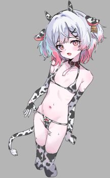 1girl animal_ears animal_print bikini body_writing collar commentary_request condom counter cow_print cow_print_bikini cow_tail elbow_gloves fake_animal_ears fake_tail fang gloves gradient_hair grey_background hair_ornament korean_commentary looking_at_viewer mahou_shoujo_no_majo_saiban micro_bikini momip multicolored_hair open_mouth partial_commentary print_bikini pussy_juice sakuraba_ema short_hair simple_background skin_fang solo sweat swimsuit tail tally thighhighs white_hair x_hair_ornament