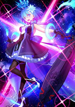 1girl :d ahoge back_bow backless_dress backless_outfit bare_shoulders black_dress black_gloves black_pantyhose blue_bow blue_eyes blue_fire blue_hair bow breasts breasts_apart c.i.e.l_(fate) star_ciel_(fate) ciel_(tsukihime) diffraction_spikes dress fate/grand_order fate_(series) fire floating_hair floating_headgear frilled_dress frills game_cg gloves hair_between_eyes hair_ornament halterneck hands_up headgear high_heels layered_dress leg_up looking_at_viewer medium_breasts official_art open_mouth outstretched_arms pantyhose pyrokinesis shoes short_dress short_hair sleeveless sleeveless_dress smile solo space sparkle star_(sky) starry_sky_background takeuchi_takashi third-party_source train_(clothing) white_shoes