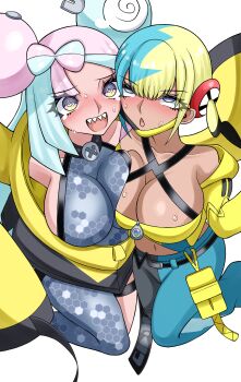 2girls @_@ breast_press breasts canari_(pokemon) dark-skinned_male dark_skin highres iono_(pokemon) large_breasts multiple_girls nintendo norman_bug pokemon pokemon_legends:_z-a pokemon_sv sharp_teeth symmetrical_docking teeth