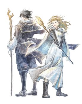 1boy 1girl black_boots black_gloves black_hair black_jacket black_pants blonde_hair boots brown_eyes buckle cape cleric commentary_request crosshatching cyrus_albright dress floating_clothes floating_hair full_body gloves gold_trim hatching_(texture) highres holding holding_staff jacket jacket_on_shoulders lace-up_boots long_hair looking_ahead looking_at_another looking_back octopath_traveler octopath_traveler_i open_mouth ophilia_clement pantaloons pants qqqqqli short_hair staff trait_connection white_background white_cape white_dress