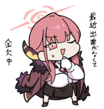 1girl ;&gt; aru_(blue_archive) black_shoes black_skirt blue_archive brown_eyes brown_hair brown_jacket chibi commentary_request full_body fur-trimmed_jacket fur-trimmed_sleeves fur_trim halo hand_up horns jacket jacket_on_shoulders long_sleeves looking_at_viewer lowres neck_ribbon nyaru_(nyaru_4126) puffy_long_sleeves puffy_sleeves red_ribbon ribbon shirt shoes simple_background skirt solo standing translation_request triangle_mouth white_background white_shirt