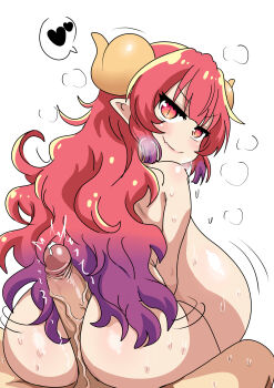 1boy 1girl ass between_buttocks blush breasts buttjob completely_nude dragon_girl dragon_horns eduardo31267693 erection fang from_behind gigantic_breasts gradient_hair heart hetero horns ilulu_(maidragon) kobayashi-san_chi_no_maidragon lips long_hair looking_back multicolored_hair nude penis pointy_ears purple_hair red_eyes red_hair sitting sitting_on_person skin_fang slit_pupils smile spoken_heart sweat veins veiny_penis wavy_hair white_background