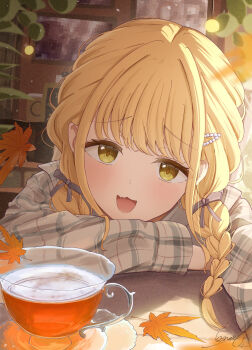 1girl absurdres arm_rest autumn_leaves blonde_hair blurry braid close-up cup depth_of_field fujita_kotone gakuen_idolmaster head_rest highres idolmaster kabomeel_lse leaf long_hair looking_at_viewer plaid_clothes plaid_shirt shirt signature solo tea teacup twin_braids yellow_eyes