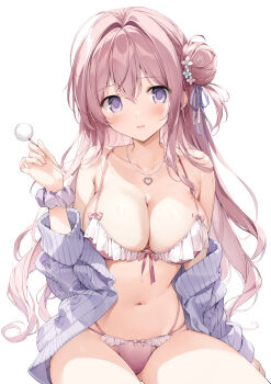 1girl absurdres bare_shoulders binaural_microphone bow bra breasts commentary_request dengeki_moeoh hair_bow hair_bun hand_up highres karory large_breasts looking_at_viewer microphone mimikaki original panties parted_lips pink_bra pink_hair pink_panties purple_bow purple_eyes simple_background solo underwear upper_body white_background
