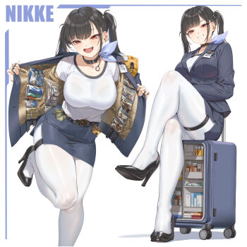 1girl banknote belt black_belt black_choker black_hair black_shoes blue_jacket blue_skirt bra_visible_through_clothes breasts cellphone choker copyright_name crossed_legs fangxiang_cuoluan foot_out_of_frame goddess_of_victory:_nikke grin high_heels highres id_card jacket jewelry large_breasts light_blush long_hair long_sleeves looking_at_viewer medicine_bottle mole mole_under_eye money multiple_rings multiple_views open_clothes open_jacket open_mouth opened_by_self pantyhose phone pumps red_eyes revision ring rolling_suitcase shirt shoes sitting skirt smartphone smile snake sora_(nikke) standing standing_on_one_leg suitcase thigh_strap twintails white_background white_pantyhose white_shirt