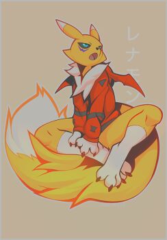 1girl androgynous angiewolf animal_ears animal_nose artist_name bare_legs blue_eyes border brown_background clawed_feet colored_sclera digimon facial_mark fewer_digits fingernails full_body furry furry_female grey_sclera grey_trim hood hoodie looking_to_the_side multicolored_fur naked_hoodie open_mouth red_hoodie red_wings renamon sharp_fingernails sharp_toenails simple_background tail toe_claws toenails tongue two-tone_fur white_border white_fur wings yellow_fur yellow_tail
