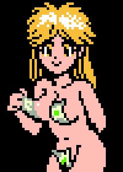 $1,000,000_kid 1girl banknote black_background blonde_hair breasts casino_kid collarbone dollar_bill long_hair looking_at_viewer maebari medium_breasts money navel nude pasties pixel_art saiwai_hiroshi smile standing yellow_eyes