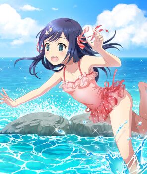 1girl :o blue_hair blue_sky breasts cleavage cloud collarbone covered_navel day diagonal-striped_ribbon dot_nose foot_out_of_frame game_cg green_eyes hair_ornament hand_up horizon long_hair ocean official_art one-piece_swimsuit open_mouth outdoors outstretched_arm pink_one-piece_swimsuit pink_ribbon pink_skirt polka_dot polka_dot_skirt ribbon rock see-through_clothes see-through_skirt skirt sky small_breasts solo spaghetti_strap sparkle splashing standing standing_on_one_leg star_(symbol) star_hair_ornament subara_rika swimsuit tearing_up teeth third-party_source toji_no_miko toji_no_miko:_kizamishi_issen_no_tomoshibi tripping upper_teeth_only wading