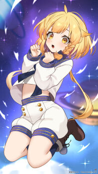 1girl black_bow black_socks blonde_hair boots bow braid brown_boots commentary_request commission highres indie_virtual_youtuber k_(art71) long_hair long_sleeves niboshi_nova open_mouth planet shirt shorts skeb_commission socks solo space teeth twitter_username upper_teeth_only virtual_youtuber white_shirt white_shorts yellow_eyes