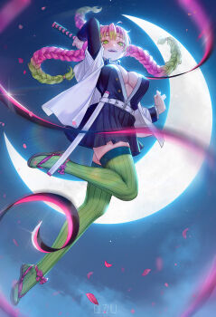 1girl artist_name belt black_shirt black_skirt blurry blurry_foreground blush bow braid breasts chinese_commentary cleavage crescent_moon demon_slayer_uniform footwear_bow gradient_hair green_eyes green_hair green_thighhighs grey_sandals haori heart highres holding holding_sword holding_weapon japanese_clothes kanroji_mitsuri kimetsu_no_yaiba large_breasts long_hair long_sleeves mole mole_under_each_eye mole_under_eye moon multicolored_hair multiple_moles open_clothes open_mouth open_shirt petals pink_bow pink_hair qizhu ribbed_thighhighs sandals shirt skirt smile solo sword teeth thighhighs thighs tri_braids two-tone_hair upper_teeth_only weapon whip_sword white_belt white_haori
