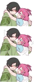 1boy 1girl absurdres blush camila_(vtuber) commentary_request conversion806f facial_mark highres indie_virtual_youtuber multicolored_hair open_mouth pink_hair pointy_ears purple_eyes streaked_hair vedal987 vedal_ai virtual_youtuber white_background white_hair