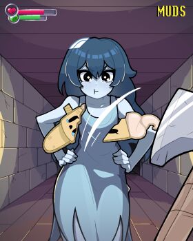 1girl absurdres artist_name axe black_eyes blue_dress blue_hair blue_skin character_counter_request character_request closed_mouth collarbone colored_skin double-parted_bangs dress hands_on_own_hips health_bar highres indoors long_hair looking_at_viewer muds pout pov solo spooky's_house_of_jump_scares spooky_(shojs)