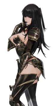 1girl alternate_costume armor black_eyes black_hair black_panties blunt_bangs breasts cleavage female_focus fire_emblem fire_emblem_awakening gauntlets greaves highres j@ck large_breasts like_and_retweet long_hair matching_hair/eyes nintendo panties pauldrons shoulder_armor sideboob solo sword tharja_(fire_emblem) twitter_strip_game two_side_up underwear weapon